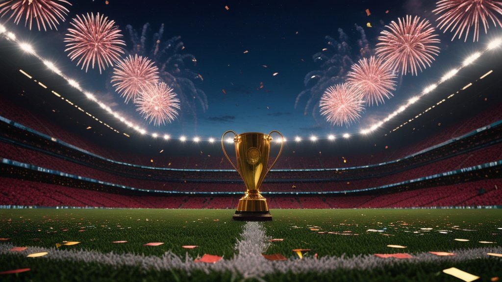 Pháo hoa và confetti ăn mừng tại sân vận động bóng đá